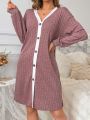 Contrast Trim Button Front Home Robe With Rolled Cuffs