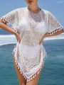SHEIN Swim BohoFeel 1pc Fringe Decorated See Through Lace Cover Up Dress