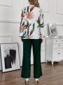 SHEIN Lady Women's Floral Printed Long Sleeve Shirt And Belted Flared Pants Set