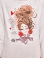 SHEIN Kids EVRYDAY Tween Girls' Cartoon Printed T-Shirt And Plaid Skirt 2pcs/Set