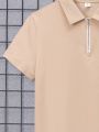 SHEIN Teenage Boys' Casual Comfortable Solid Color Half Zipper Short Sleeve Polo Shirt