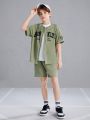 SHEIN Kids EVRYDAY Boys' Loose Fit Casual Letter Pattern Color-Block Hem Shirt And Shorts 2pcs/Set