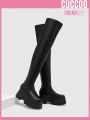 Cuccoo Everyday Collection Women's Stylish Black Punk Style Thick Soled Knee High Socks Boots With Elasticity