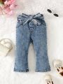 Baby Girls' Water Washed Bell Bottom Jeans With Flower Bud Belt