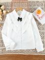 SHEIN Kids EVRYDAY Girls' (big) Solid Color Shirt With Ruffle Collar, Button Closure And Bow Knot Decoration
