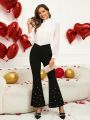 EMERY ROSE Romantic Valentine's Day Faux Pearl Beaded Women Bell-Bottom Pants