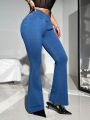 SHEIN ICON Y2k Blue Elastic Cross Waist Tight Flare Jeans With Low Waist And Mid Rise For Women Casual Wear