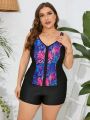 SHEIN Swim Classy Plus Size Women's Botanical Printed Sleeveless Tankini Swimsuit