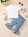 Baby Girls' Cute Daisy & Letter Printed Short Sleeve T-Shirt And Casual Denim Flared Pants Set