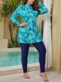 SHEIN Swim Mulvari Plus Size Plant Printed Long Sleeve & Pants Tankini Swimsuit Set