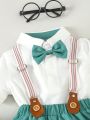 Infant Boys' Bowtie Short Sleeve Colorblock Romper And Overall Shorts Outfit