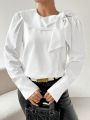 SHEIN Privé Women's Bow Tie Ribbon Diagonal Placket Irregular Collar Long-sleeved Shirt