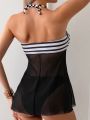 SHEIN Swim Classy Cross Detail Stripe Patterned Sleeveless Top With Slit Hem And Halter Triangle Bikini Swimsuit Set