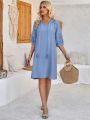 EMERY ROSE Solid Color Women's Notched Collar Tassel Tie Waist Dress