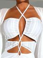 1pc Hollow Out Detail Cross Neck Halter One-Piece Swimsuit
