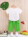 Infant Boys' Cartoon Letter Printed Short Sleeve Top And Solid Color Cargo Pants