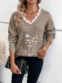 Butterfly Embroidery Lace Trim V-Neck Sweater