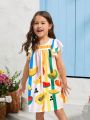 SHEIN Kids SUNSHNE Young Girls' Knitted Striped Round Neck Loose Fit Flying Sleeve Casual Dress