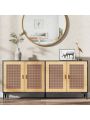 Sideboard Buffet Cabinet with Storage, Console Table Rattan Cabinet with Handmade Natural Rattan Doors and Adjustable Shelf, Accent Storage Credenzas for Living Room, Hallway,multifunctional use,black and wood