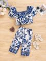 SHEIN Baby Girl Retro Blue Flower Pattern Off Shoulder Short Sleeve Top And Pants Suit