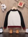 SHEIN Kids QTFun Young Boy Car Pattern Raglan Sleeve Striped Trim Sweater