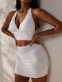 SHEIN Swim Chicsea Women'S Solid Color Ribbed Knitted Swimsuit Set