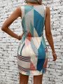 Sleeveless Geometric Pattern Waist-Cinching Dress