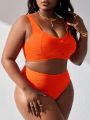 SHEIN Swim Vcay Women'S Plus Size Solid Color Bikini Set With Ruffle Design On The Top