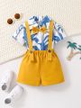 Baby Boy Blue Coconut Tree Print Shirt With Suspenders And Shorts Set