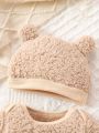 Newborn Baby Boys' Cute Fashionable Bear Embroidery Round Neck Long Sleeve Fleece Jumpsuit With Hat, Autumn & Winter