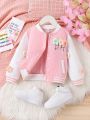 Young Girl Floral Patched Striped Trim Colorblock Varsity Jacket