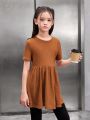 SHEIN Kids Nujoom Girls' Loose-Fit Vintage Waffle Knit Peplum Waist T-Shirt With Ruffle Hem
