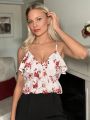 SHEIN Frenchy Valentine'S Day V-Neck Spaghetti Strap Camisole With Floral Print Ruffled Hem