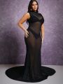 Berry Plus Mock Neck Fishnet Mesh Maxi Dress Without Lingerie Set