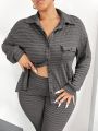 SHEIN SXY Women's Plus Size Striped Button-Up Two Piece Pants Set Casual Women Co Ords