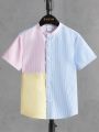 SHEIN Boy Teenagers Casual All-Match Color Block Striped Mock Neck Short-Sleeved Shirt