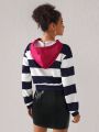 Gincko Women'S Color Block Striped, Floral And Letter Print Drawstring Hooded Cropped Sweatshirt