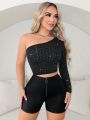 SHEIN SXY Spring Women Clothes Glow In The Dark  One Shoulder Rhinestone Tight Long Sleeve Women'S Top