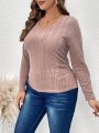 SHEIN LUNE Plus Size Solid Color Long Sleeve V-neck T-shirt