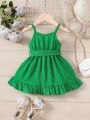 SHEIN Infant Girls' Casual Everyday Wear Jacquard Fabric Strap Dress With Belt, Spring/Summer, Suitable For Going Out