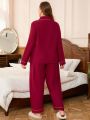 Plus Size Women's Loose Fit Wine Red Pyjamas Set With Bear Print, Autumn And Winter