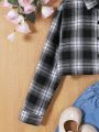 Teen Girls' Casual Fashionable Plaid Turn-Down Collar Short Shirt For Spring And Autumn