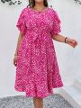 SHEIN LUNE Plus Size Valentine'S Day Mini Floral Print Ruffle Hem Dress