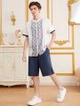 SHEIN Teen Boy Casual Geometric Printed Short Sleeve Shirt With Solid Color Shorts Set