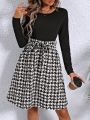 SHEIN LUNE Women'S Houndstooth Patchwork Long Sleeve Dress