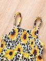 SHEIN Baby Girl Casual Vintage Street Style Leopard & Sunflower Pattern Spaghetti Strap Jumpsuit With Flared Pants, Spring & Summer Outfits