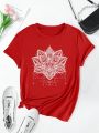 Plus Size Flower Pattern Round Neck Short Sleeve Casual T-shirt