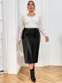 SHEIN Privé Plus Size Women's Side Tie Pu Leather Skirt