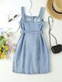 Tween Girls' Casual Belted Denim Jumpsuit Dress With Suspender Strap