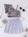 SHEIN Kids Y2Kool Young Girl One Shoulder Glitter Top And Skirt Set